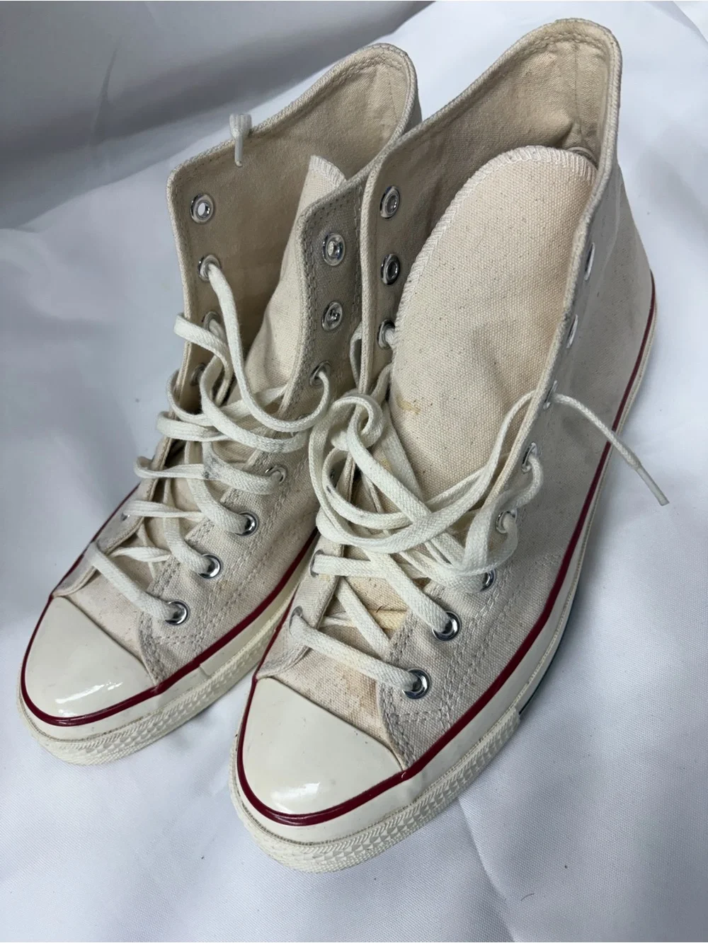 Converse High-Top Canvas Sneakers in Cream with Red Stripe